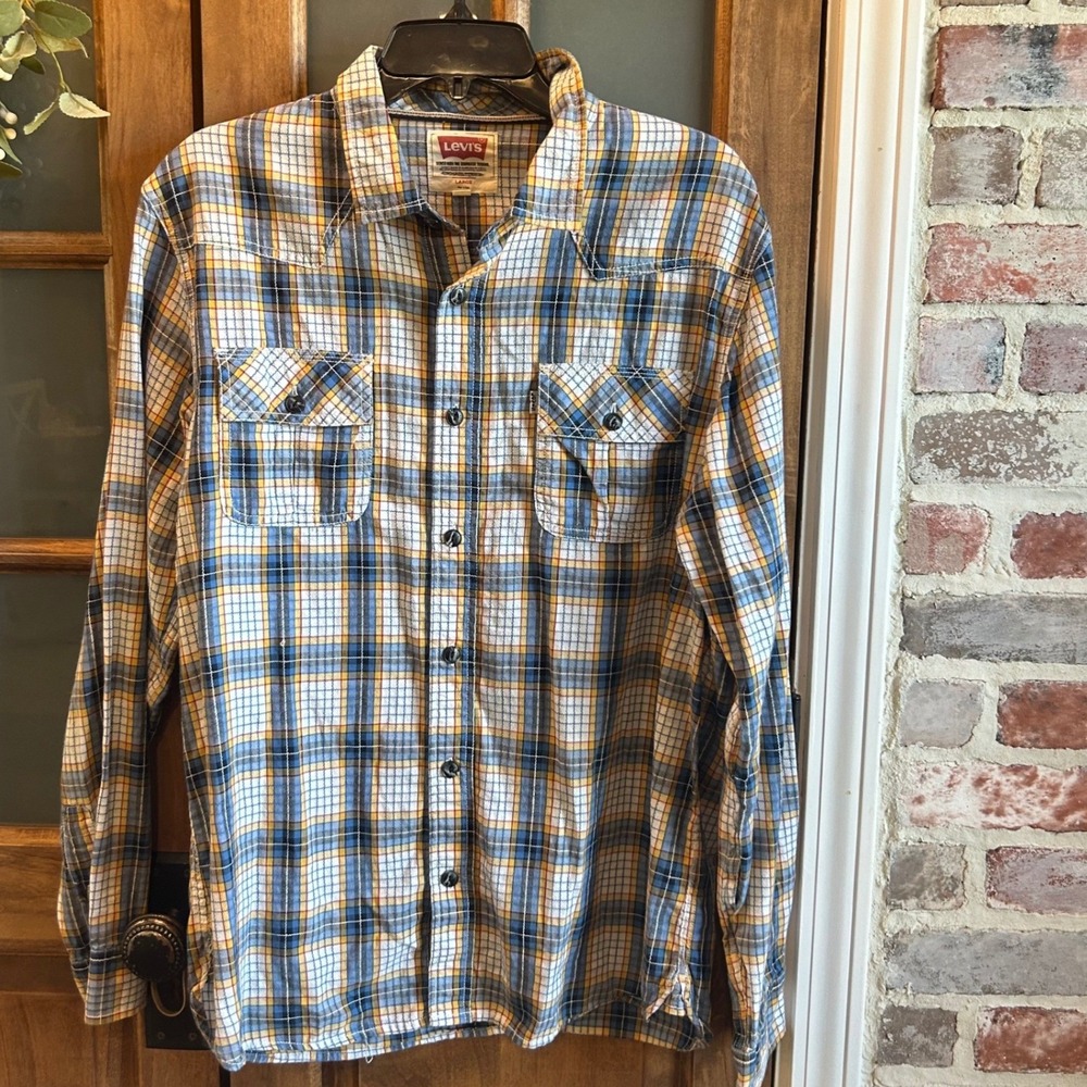 Levi's‎ Western Button Down Shirt Mens Large Blue Yellow Plaid Cotton